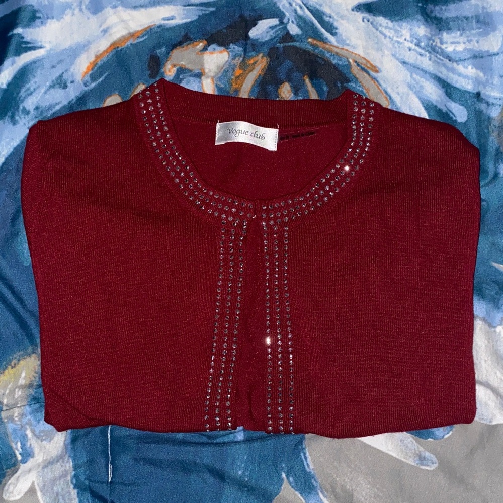 Burgundy Cardigan with Embellished Trim